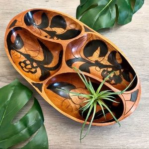 Vintage Boho Two Tone Wooden Floral Divided Bowl